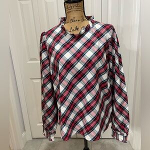 J. Crew Plaid Ruffle Neck Long Sleeve Blouse